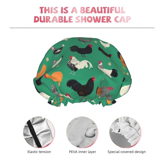 Funny Chickens Shower Cap For Women Reusable Waterproof Double Layers Bath Cap - Image 4