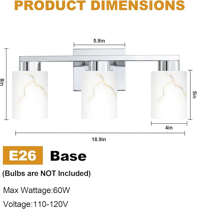 3-Light Bathroom Light Fixtures, Modern Vanity Lights, Chrome Metal Wall Lamp - Image 2