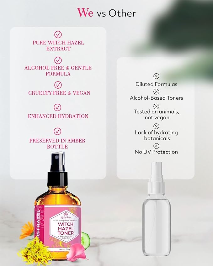 Witch Hazel Alcohol Free Toner by Leven Rose, 100% Pure Organic Facial Rose - Image 4