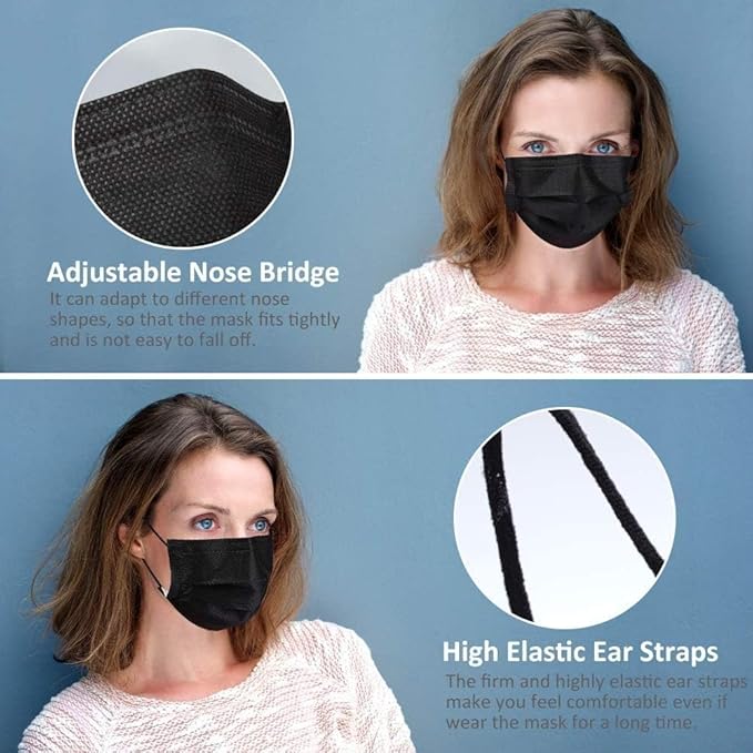LEMENT 100 Pcs Disposable Face Masks, 3 Ply Face Masks Black Disposable Mask - Image 3