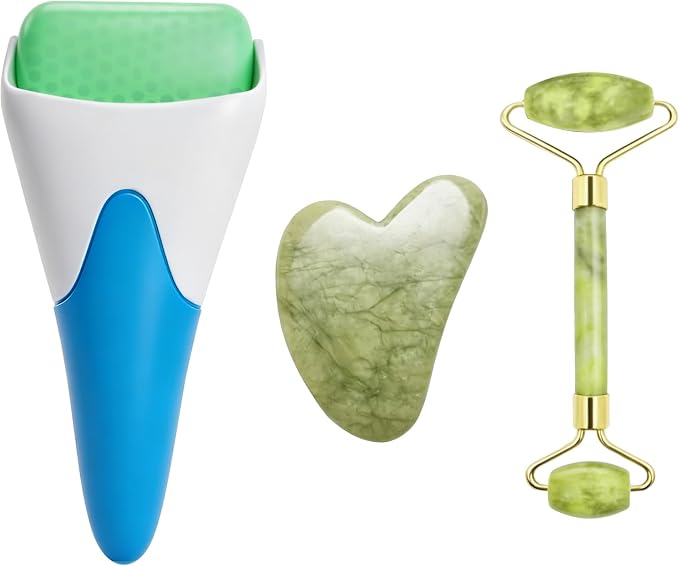 Chikoni 3 in 1 Ficial Face Ice Jade Roller and Gua Sha Tool, 100% Natural Real by Chikoni