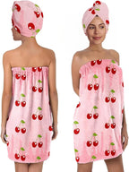 Women’s Cherry Print Bath Wrap and Hair Towel Set, Soft Absorbent Microfiber by QIULIBMH
