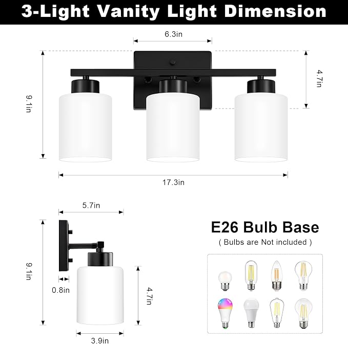 FonmYim Black Bathroom Light Fixtures, 3-Light Modern Vanity Light Over Mirror - Image 2