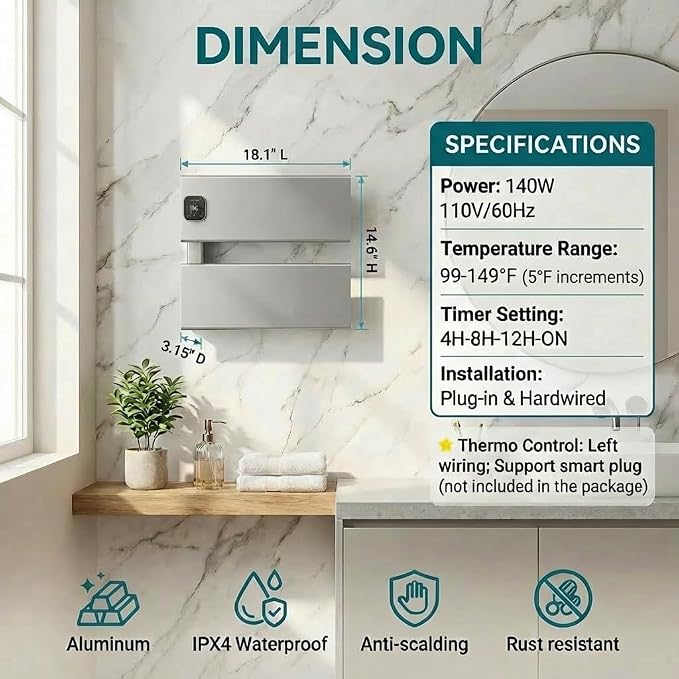 Electric Towel Warmer, Heated Towel Rack - Image 6
