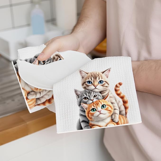 2PCS Cute Cat Kitchen Towels, Cat Themed Gifts Reusable Absorbent Waffle Weave - Image 3