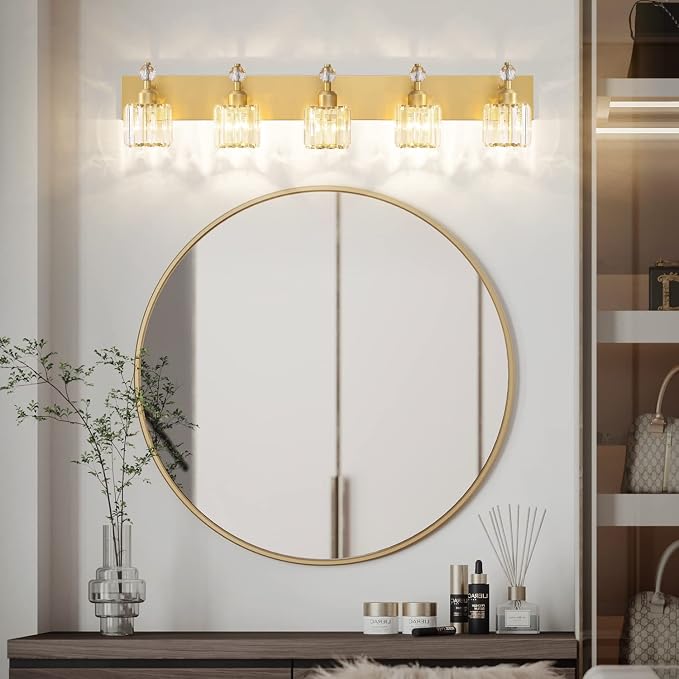 PRESDE 5-Crystal Bathroom Vanity Light Modern Gold Bathroom Lights Fixtures - Image 3