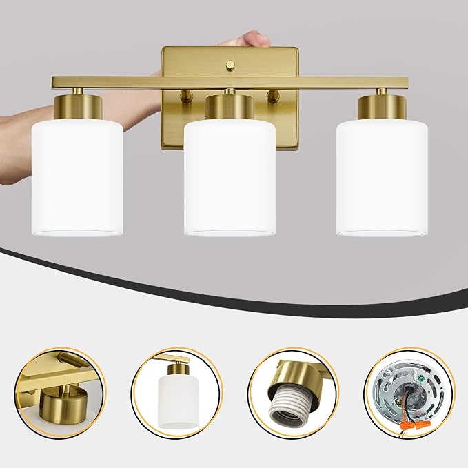 FonmYim Brushed Gold Bathroom Light Fixtures, 3-Light Modern Vanity Light Over - Image 4