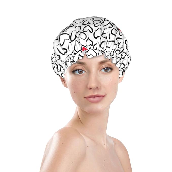 Love Hearts Shower Cap For Women Reusable Waterproof Double Layers Bath Cap - Image 2