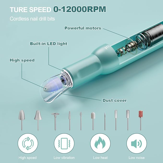 Nail Drill Kit, Cordless Electric Nail Drill Professional Kit 20000rpm Electric - Image 6