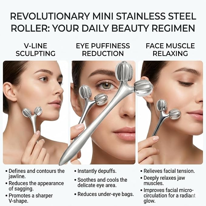 Stainless Steel 3D Face Roller Metal Facial Massager Face Sculpting Gua Sha - Image 5