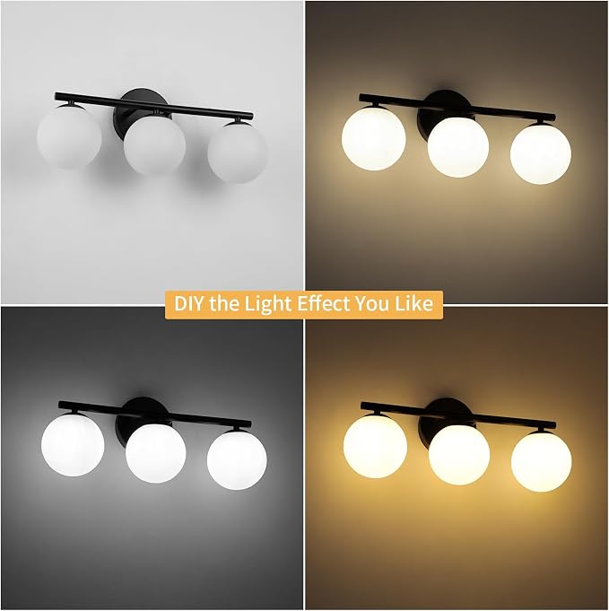 Black Globe Bathroom Light Fixtures 3-Light Vanity Light - Image 4