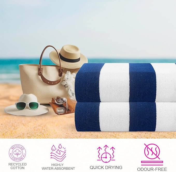 CASA COPENHAGEN Cabana Towels 2Pcs Cobalt Blue Designer Stripe Beach Bathsheet - Image 2