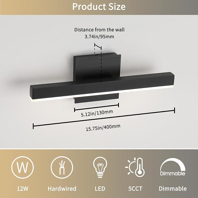 Joossnwell Black Bathroom Vanity Light Fixtures Dimmable 5CCT LED Bathroom - Image 6