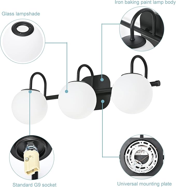 Modern Black Bathroom Vanity Light Fixtures 3 Lights Frame and Milk White Glass - Image 5