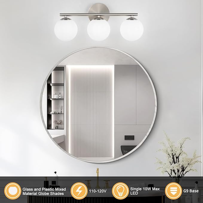 Brushed Nickel Bathroom Light Fixtures 3-Light Globe Vanity Light - Image 2