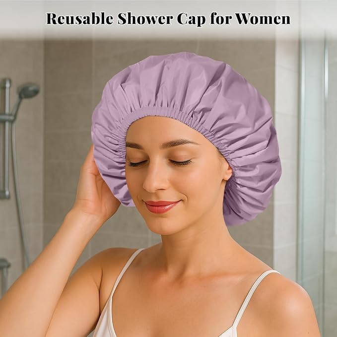 3 Pack Shower Cap for Women Reusable Waterproof, Bath Cap for Long Hair - Image 3