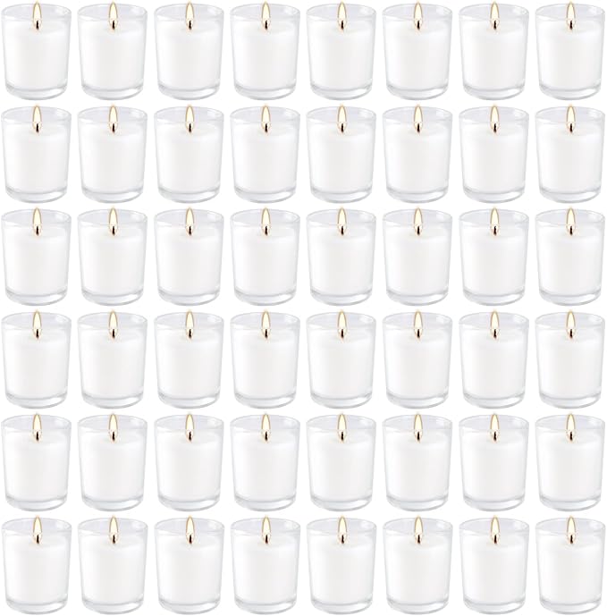 YOROXRG 48 Pack White Unscented Clear Glass Filled Votive Candles. Hand Poured by YOROXRG