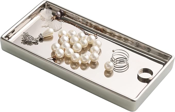 Jewelry Holder Ceramic Trinket Tray Rectangte Vanity Makeup Mirror Tray Silvery by Redelaenor