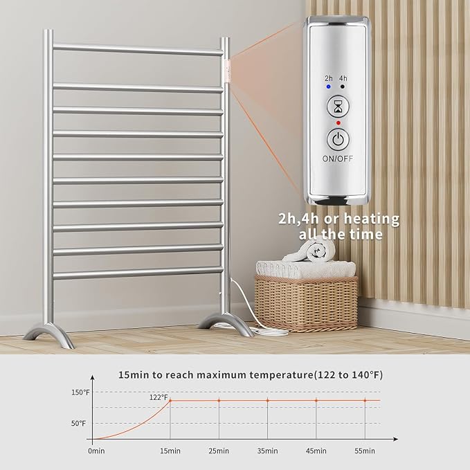 Freestanding Towel Warmer 10 Bars Plug-in Option 3 Working Modes Brushed - Image 3