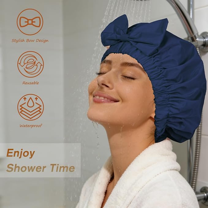 Shower Cap for Women, Cute Bow Waterproof Reusable Bath Cap, Non-Slip Anti - Image 2