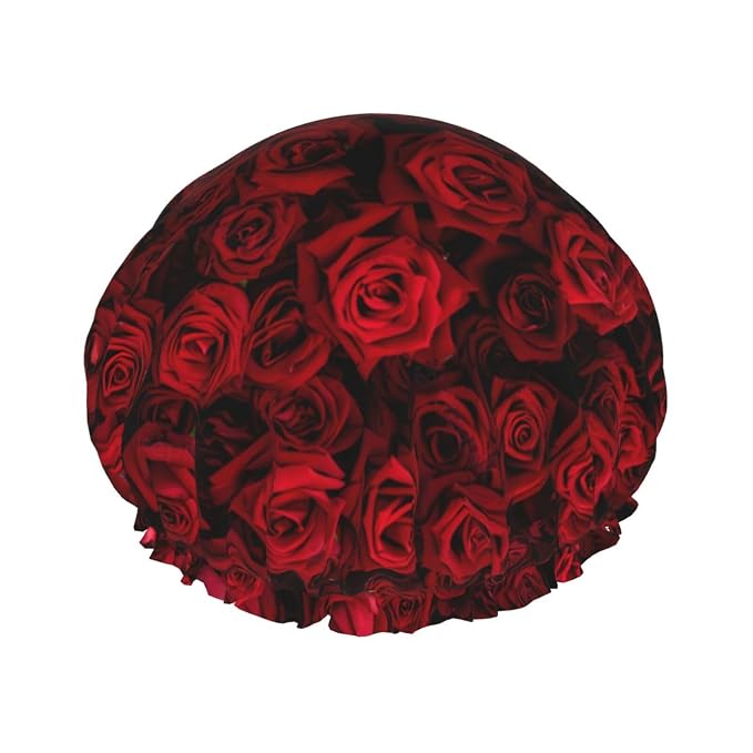 Red Rose Flowers Shower Cap For Women Reusable Waterproof Double Layers Bath by YUZEKABZ