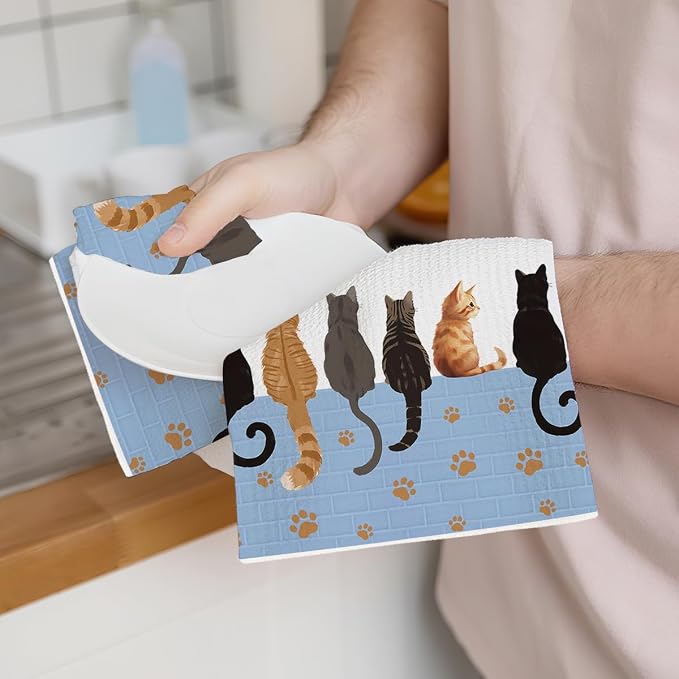 2PCS Cute Cat Kitchen Towels, Cats Paw Print Themed Gifts Reusable Absorbent - Image 3