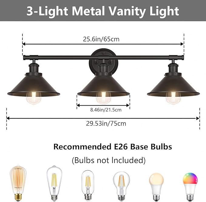 Licperron 3-Light Black Bathroom Vanity Light Fixtures Over Mirror, Farmhouse - Image 2