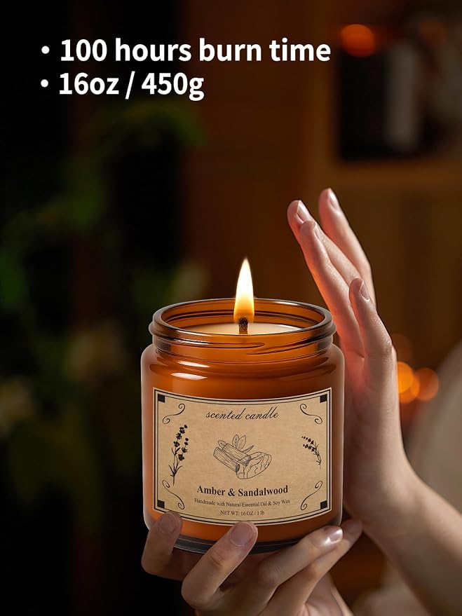 Scented Candles, 16oz Large Jar Soy Wax Candle – Amber & Sandalwood - Image 4