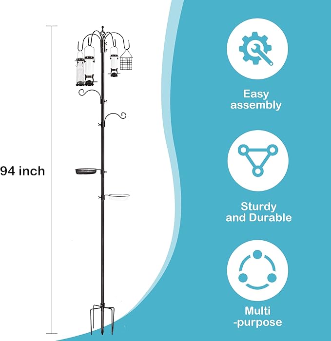 YINGYM 6-Hook Bird Feeding Station Kit, Wild Bird Feeder Stand Pole, Bird Bath - Image 2