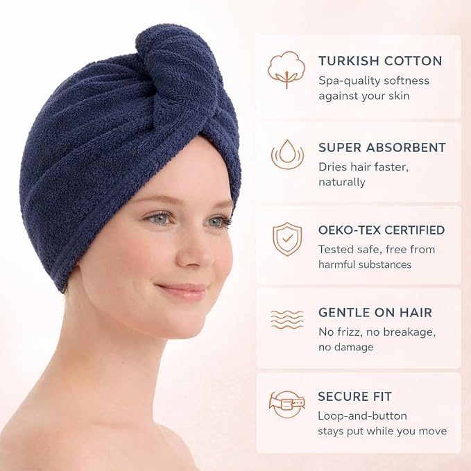 100% Turkish Cotton Hair Towel Wrap 2 Pack – Oeko-TEX Certified Quick Dry Turban - Image 3