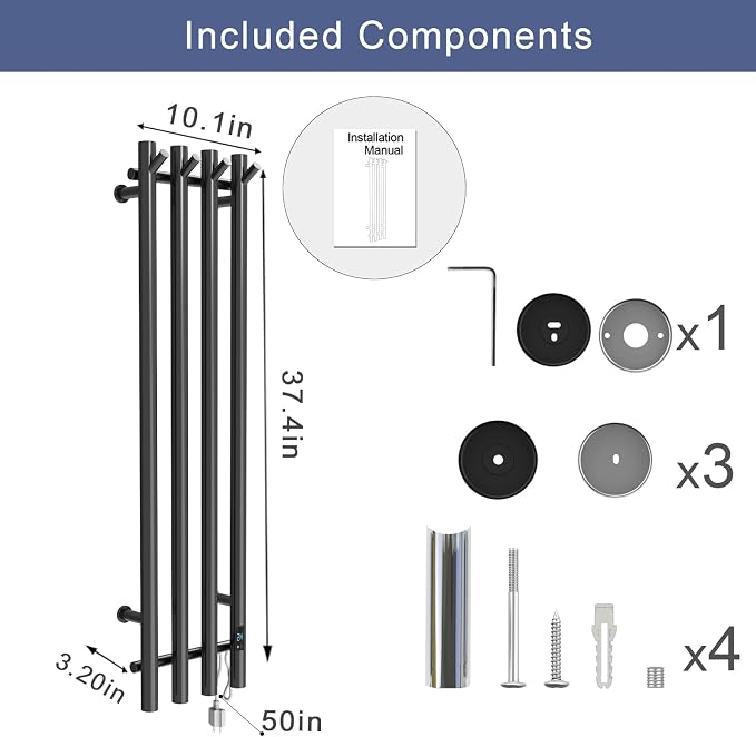 Electric Heated Towel Rack Warmer, Wall Mounted, Stainless Steel, 4 Bar - Image 2