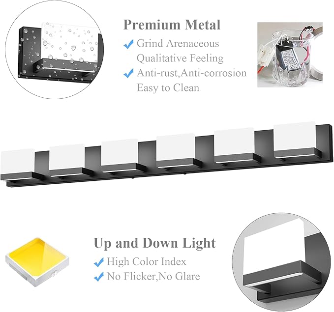 Tipace LED Modern Matte Black Bathroom Vanity Lights Over Mirror 6 Lights Up - Image 5
