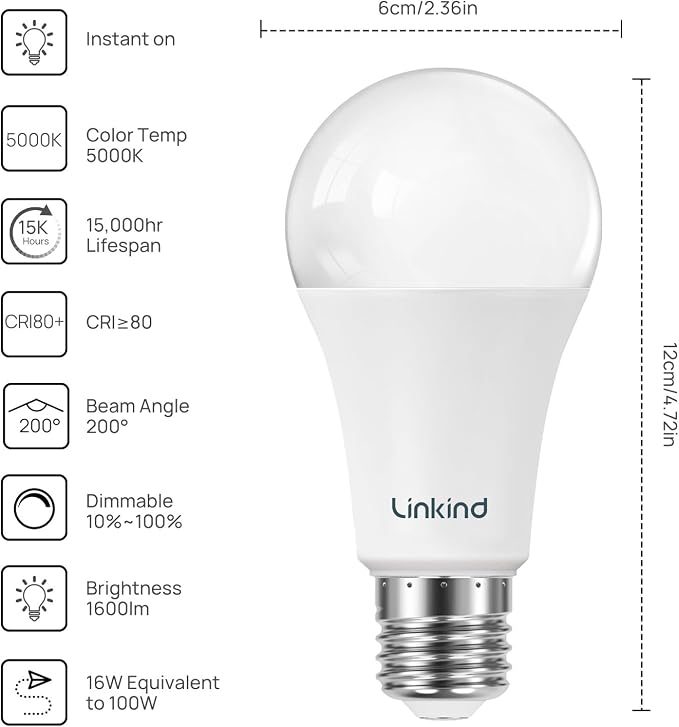 Linkind A19 LED Light Bulbs Dimmable, 100W Equivalent Light Bulbs, 5000K - Image 2