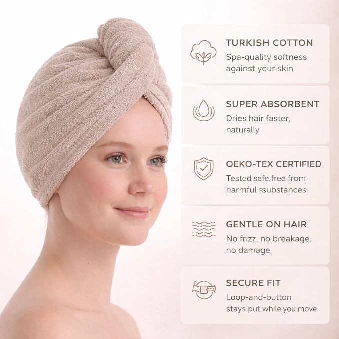100% Turkish Cotton Hair Towel Wrap 2 Pack – Oeko-TEX Certified Quick Dry Turban - Image 3
