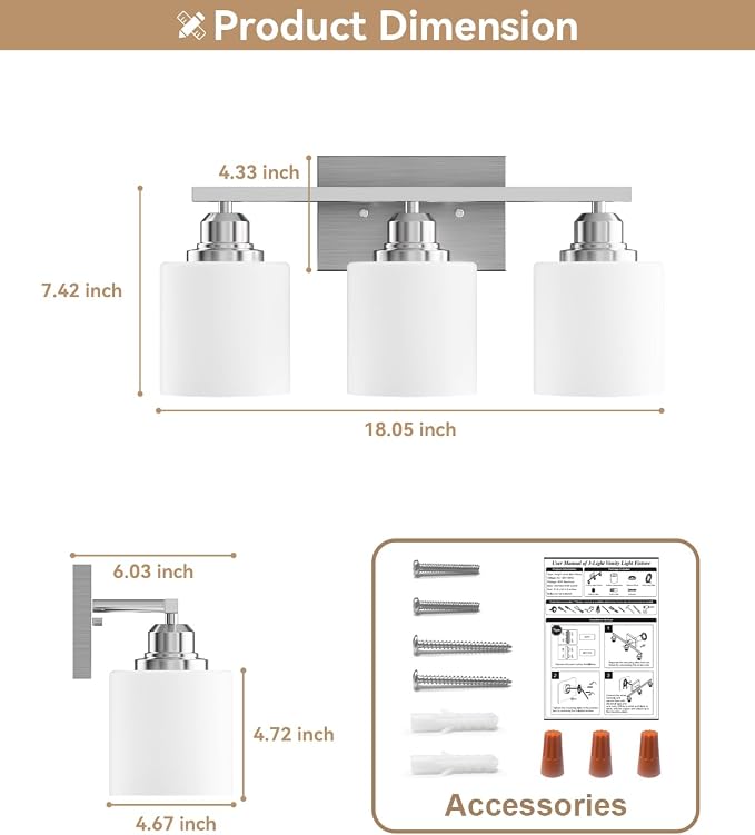 Sailstar Bathroom Light Fixtures Over Mirror, 3-Light Vanity Lights Brushed - Image 6
