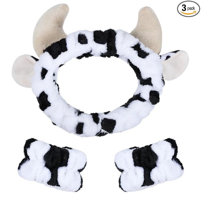 Plush Wash Face Headband Cow Print Spa Wrist Band Cuffs Hair Scrunchy Women by Miroksh
