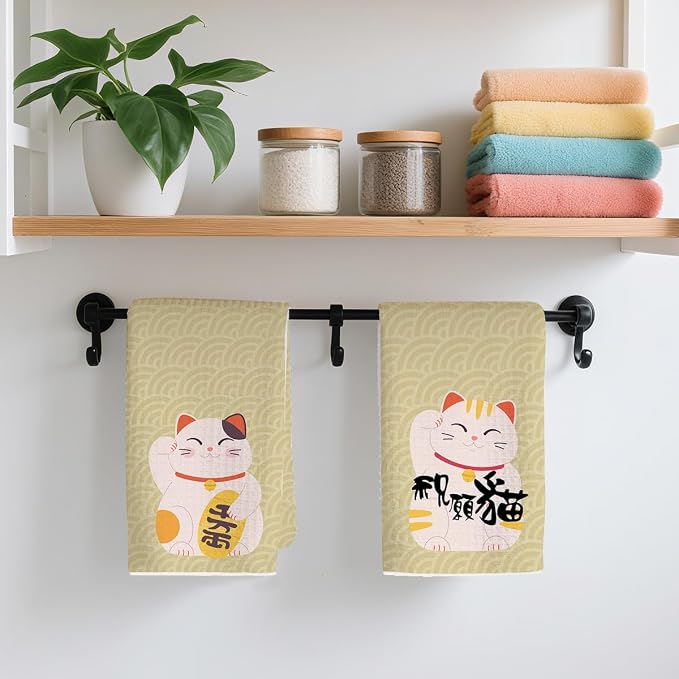 2PCS Cute Lucky Cat Kitchen Towels, Waving Cat Themed Gifts Waffle Weave Dish - Image 4