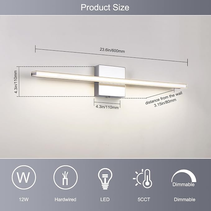 Chrome Vanity Lights for Bathroom 5CCT Dimmable Bathroom Lighting Fixtures Over - Image 5