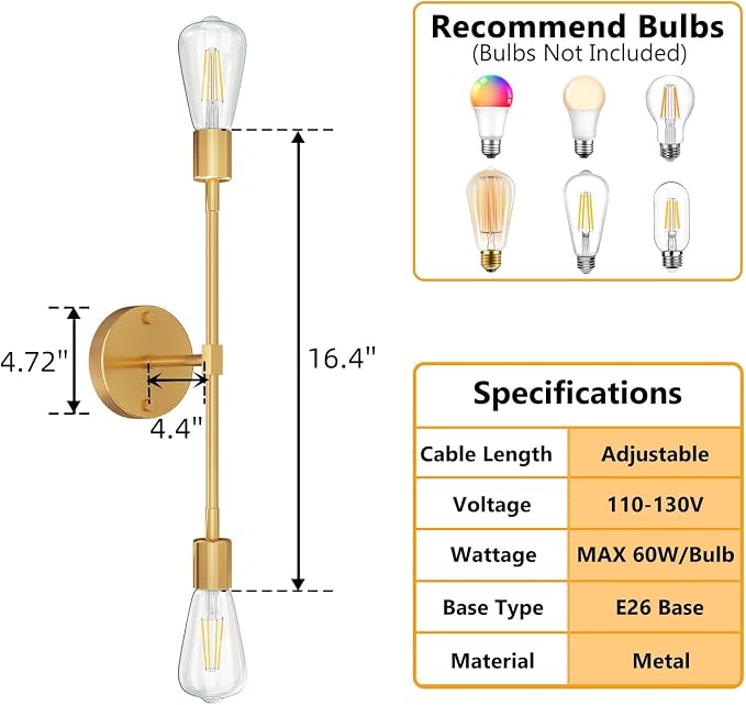 FadimiKoo 2-Light Gold Sconces Wall Light Fixtures, Bathroom Vanity Light - Image 2