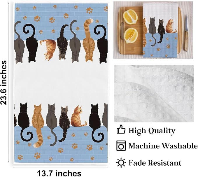 2PCS Cute Cat Kitchen Towels, Cats Paw Print Themed Gifts Reusable Absorbent - Image 2