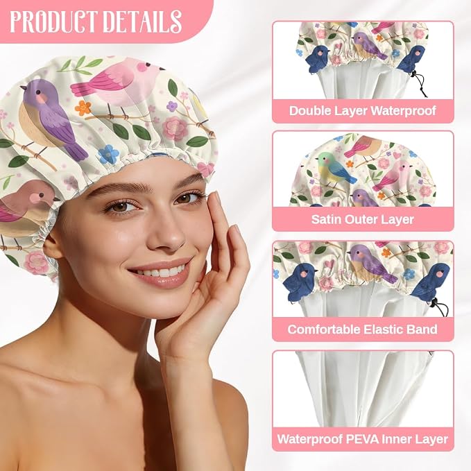 Bohemian Birds Flowers Reusable Shower Cap Cute Double Layer Waterproof Shower - Image 3
