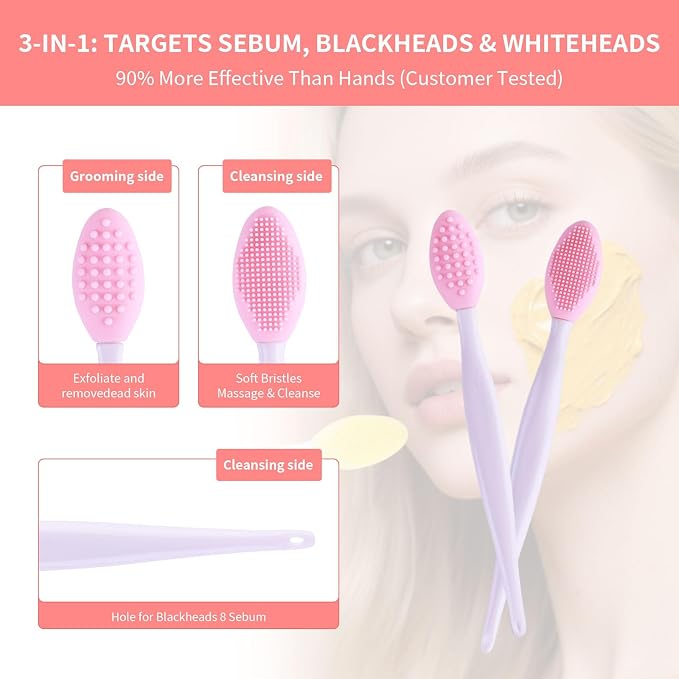 3 Pcs Lip Scrub Brush with Silicone Facial Cleansing Brush, Removing Blackhead - Image 2