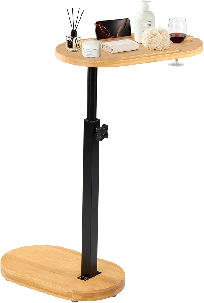 Bamboo Bathtub Side Table, 360° Swivel Height Adjustable Freestanding Bath - Image 8