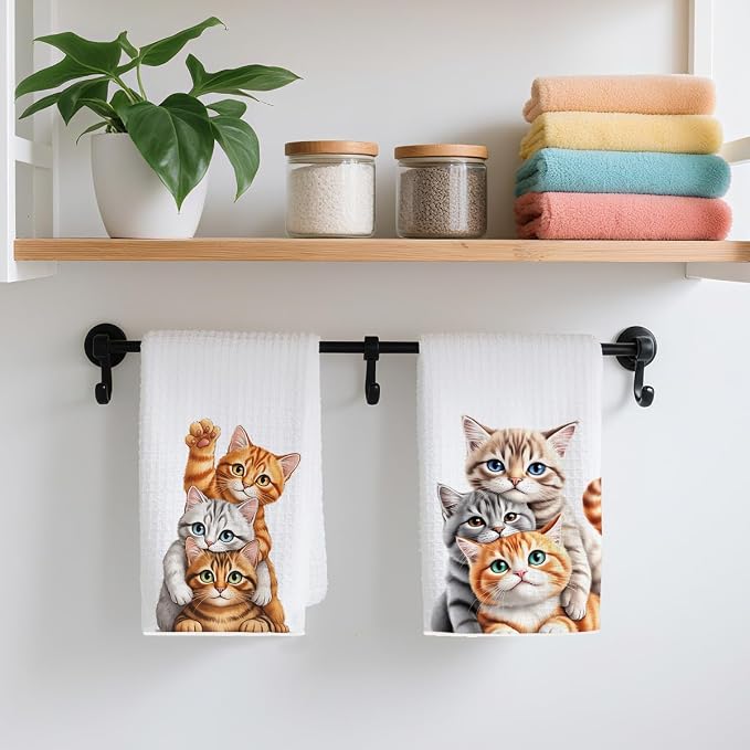 2PCS Cute Cat Kitchen Towels, Cat Themed Gifts Reusable Absorbent Waffle Weave - Image 4