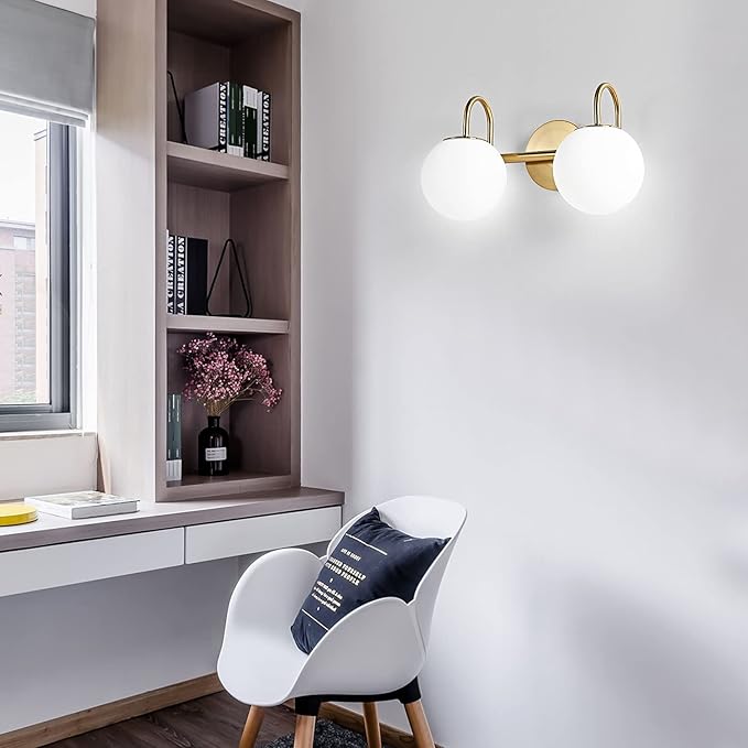 Modern Bathroom Vanity Light Fixtures 2 Lights Brushed Brass Milk White Globe - Image 6