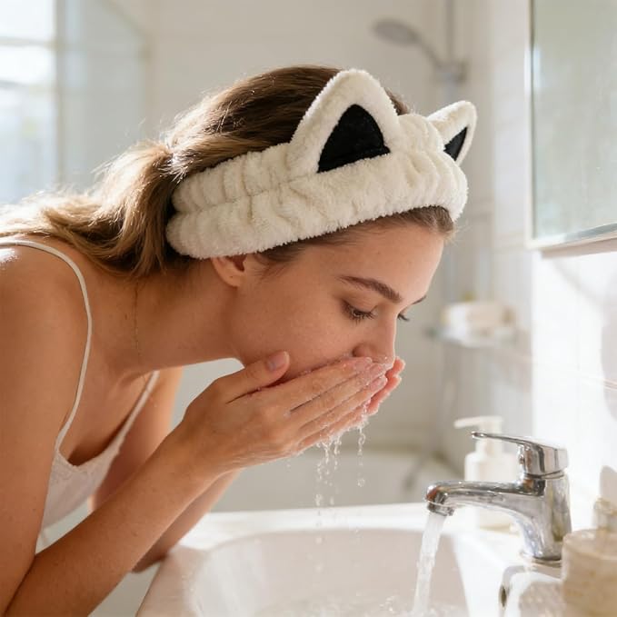 2 Pcs Cat Ears Headband Cute Spa Headband Set Washing Face Makeup Skincare - Image 2