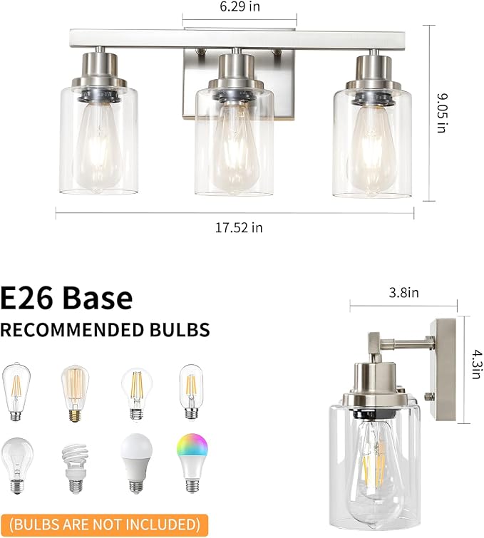 3-Light Bathroom Light Fixtures, Nickel Bathroom Vanity Light - Image 3