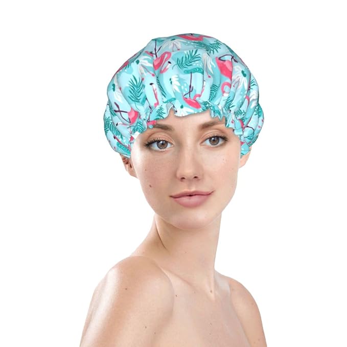 Pink Flamingos Shower Cap For Women Reusable Waterproof Double Layers Bath Cap - Image 2