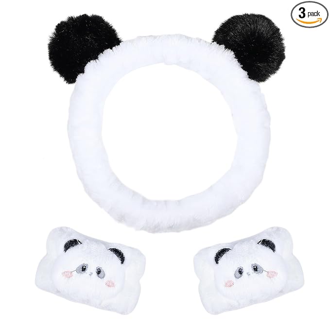 Pom Pom Panda Ears Plush Wash Face Headband Spa Wrist Band Cuffs Hair Scrunchy by Miroksh