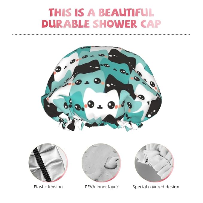 Cat Pattern Shower Cap For Women Reusable Waterproof Double Layers Bath Cap - Image 4